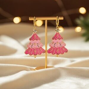 Pink Enamel Huggie Christmas Tree Earrings